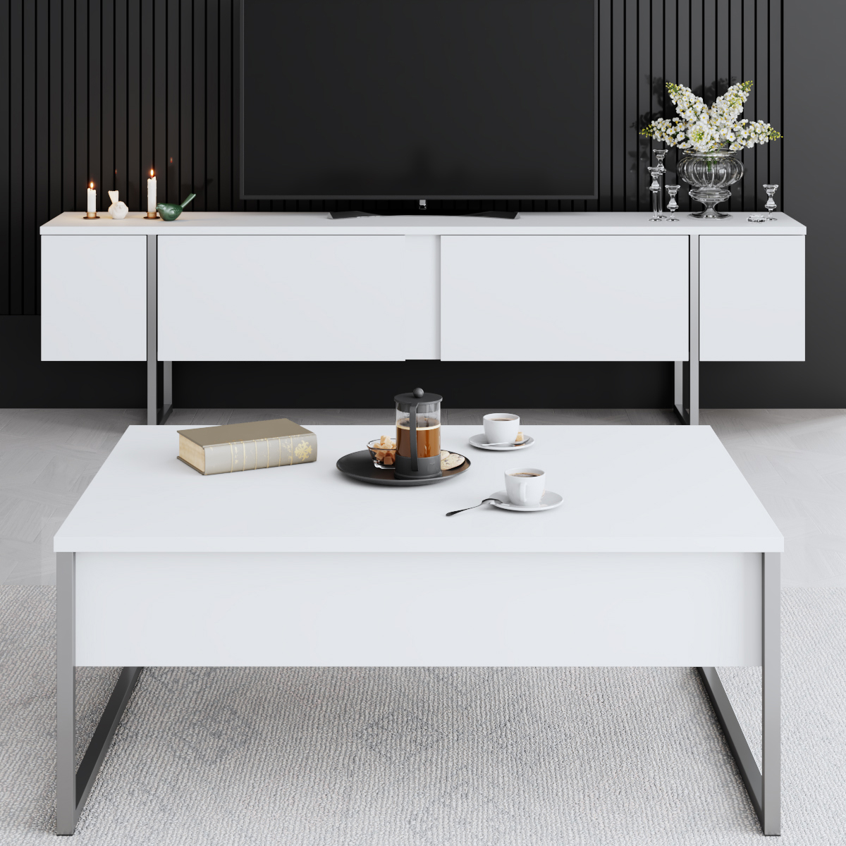 Luxe Tv Stand White-Silver 180x30x50 cm