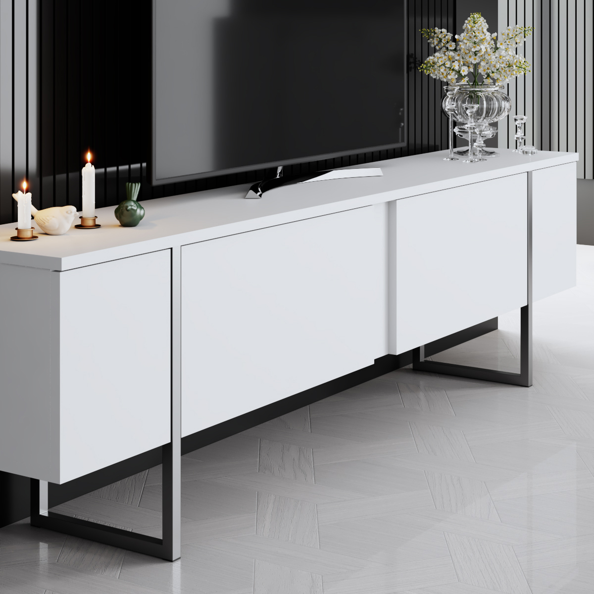 Luxe Tv Stand White-Silver 180x30x50 cm