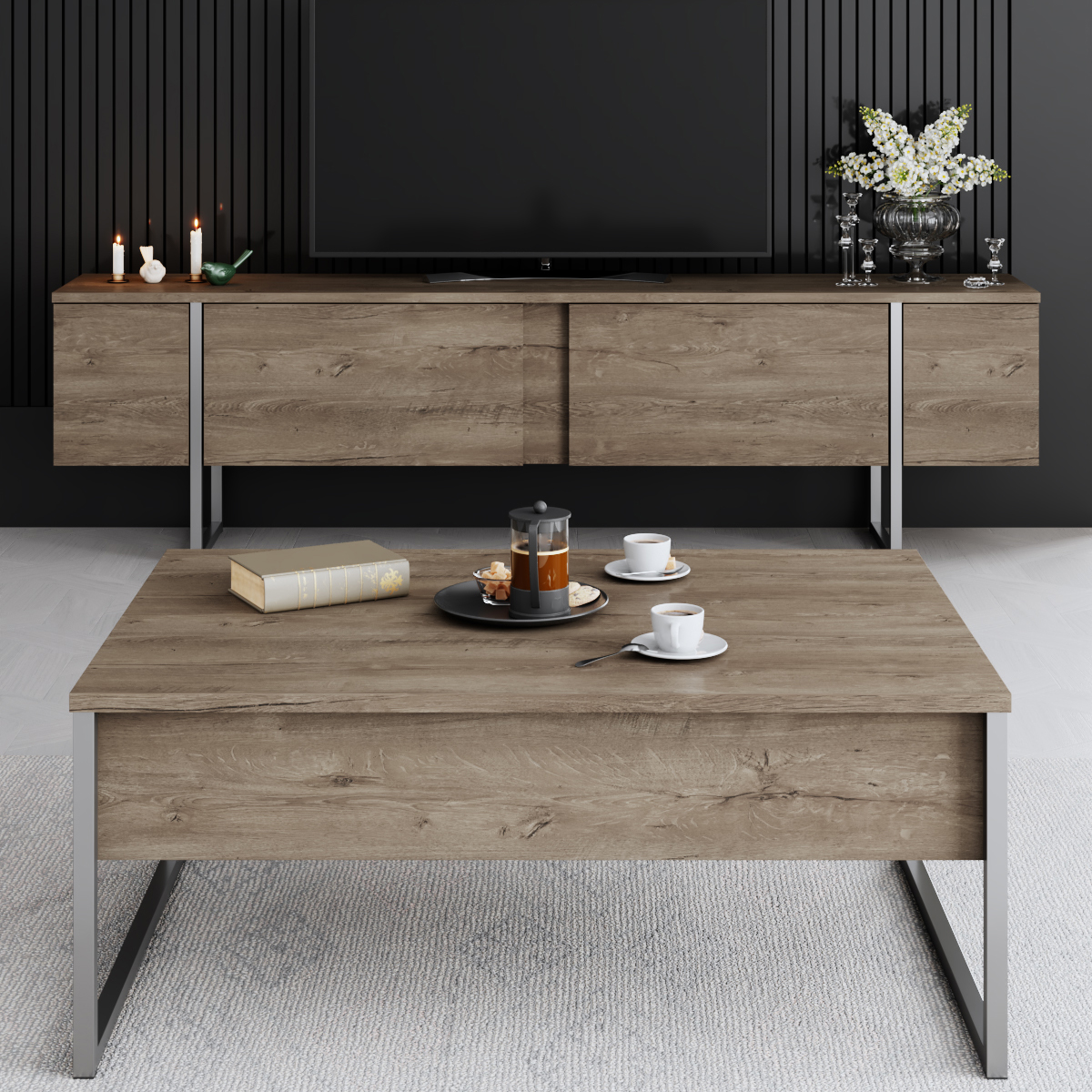 Luxe Tv Stand Walnut-Silver 180x30x50 cm