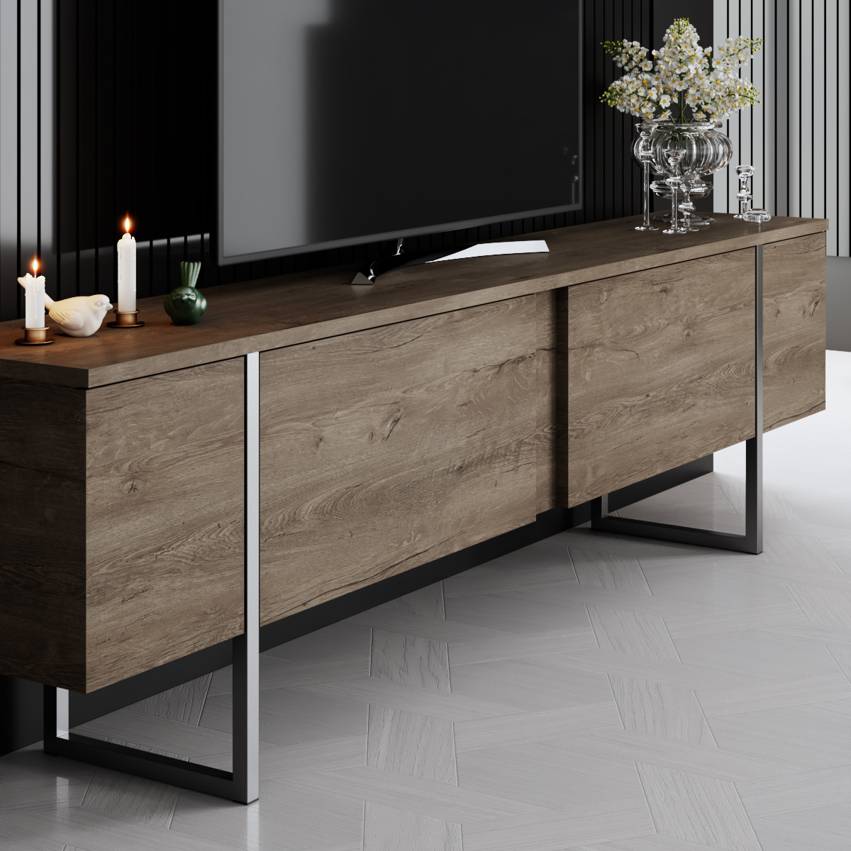 Luxe Tv Stand Walnut-Silver 180x30x50 cm