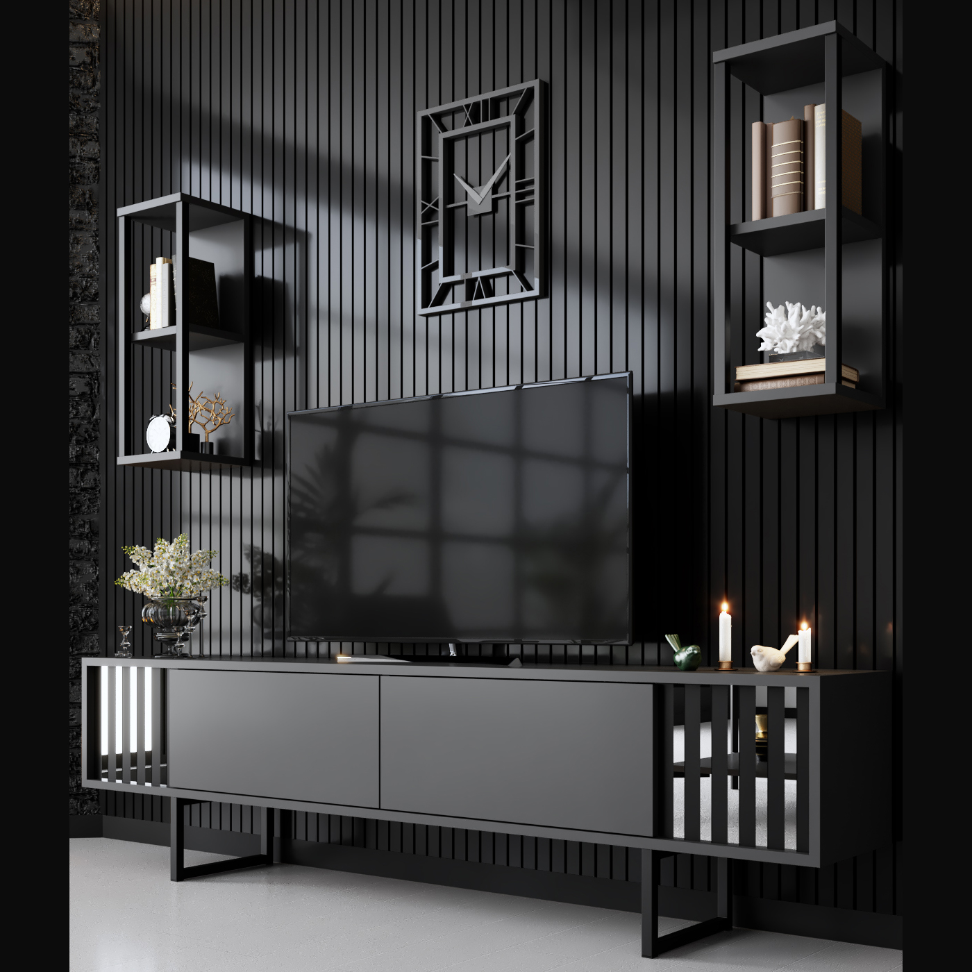 Line Tv Stand Anthracite-Chromium 180x30x48 cm