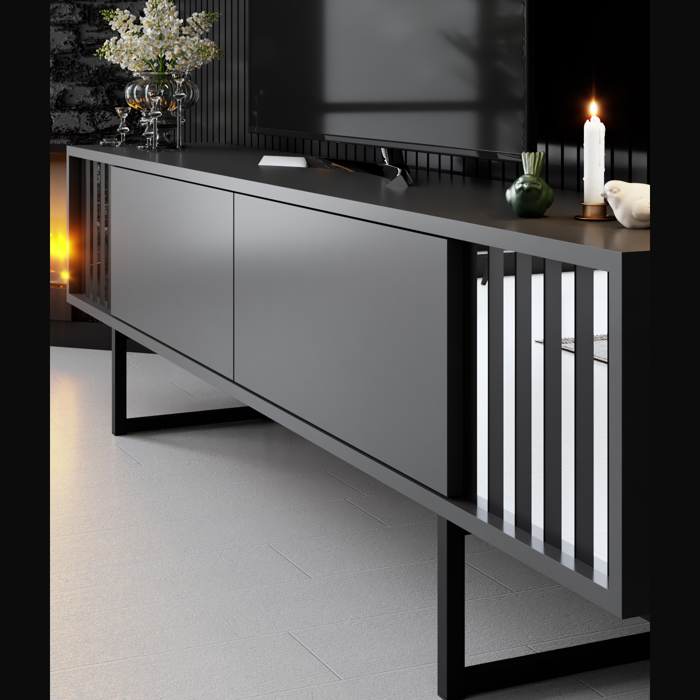 Line Tv Stand Anthracite-Chromium 180x30x48 cm