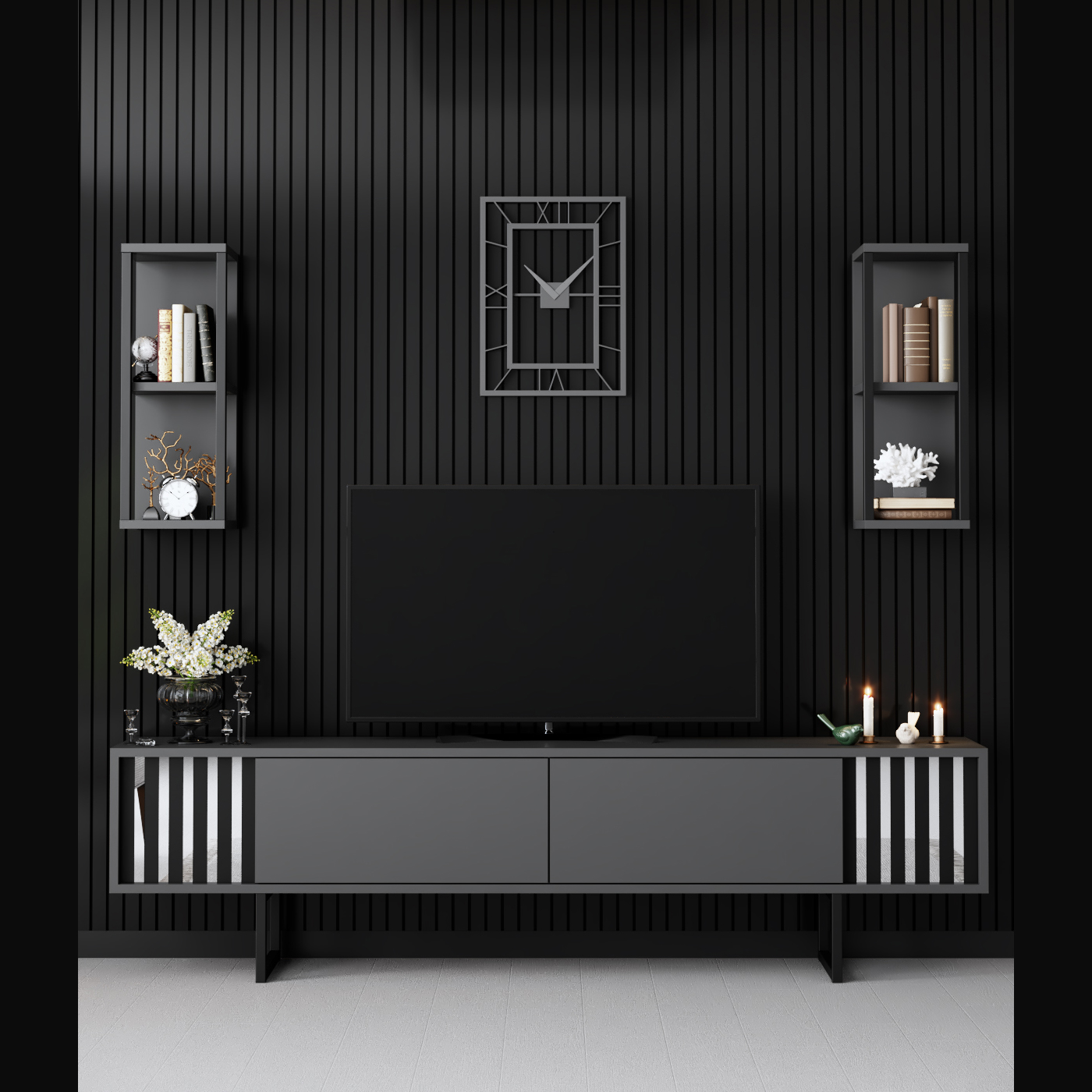 Line Tv Stand Anthracite-Chromium 180x30x48 cm