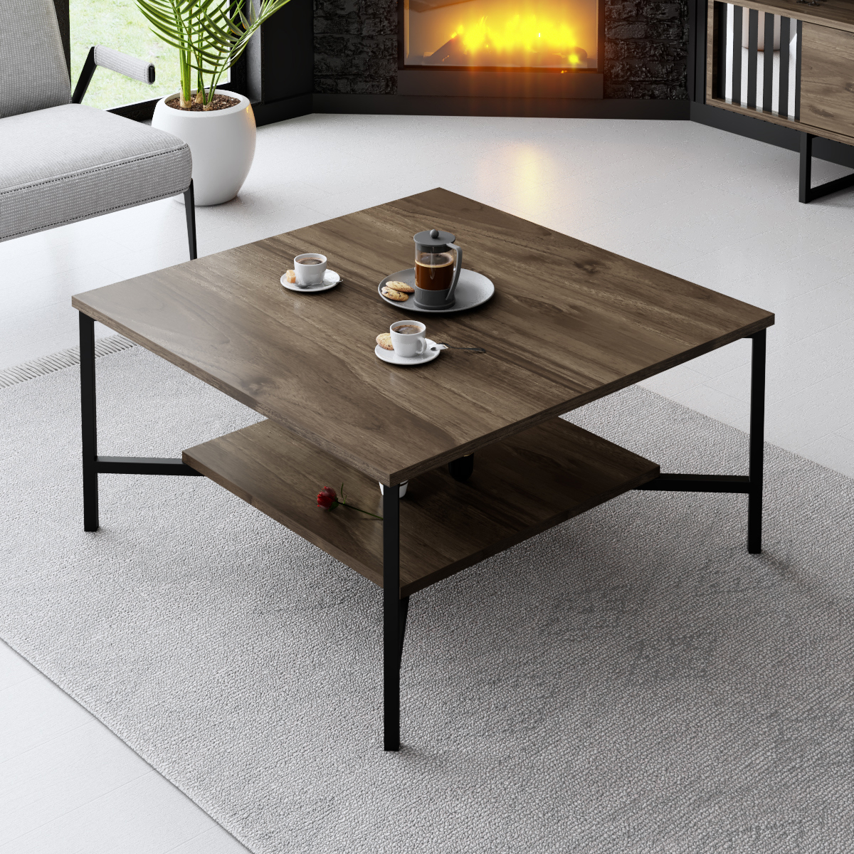 Line Coffee Table Walnut-Chromium 80x80x40 cm