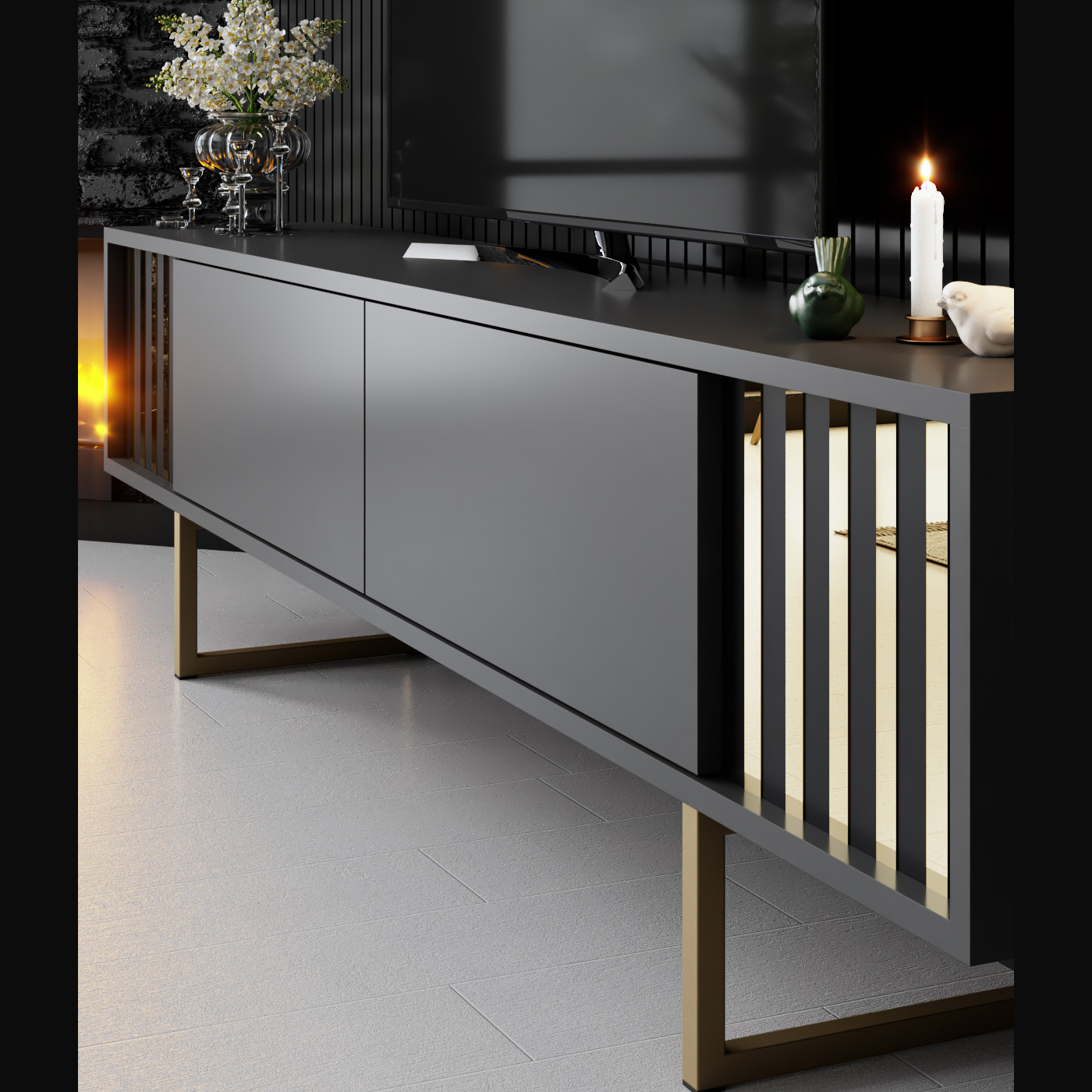 Line Tv Stand Anthracite-Gold 180x30x48 cm