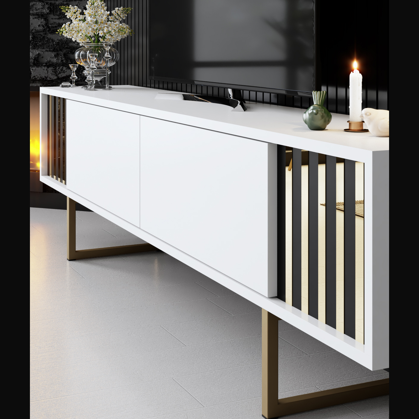 Line Tv Stand White-Gold 180x30x48 cm