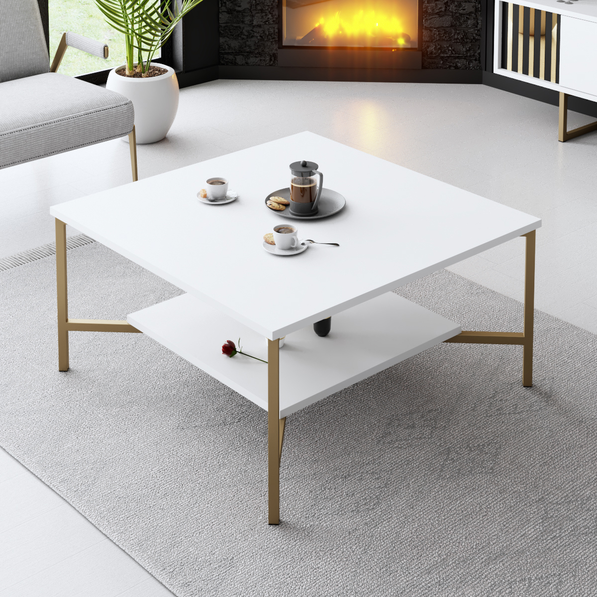 Line Coffee Table White-Gold 80x80x40 cm