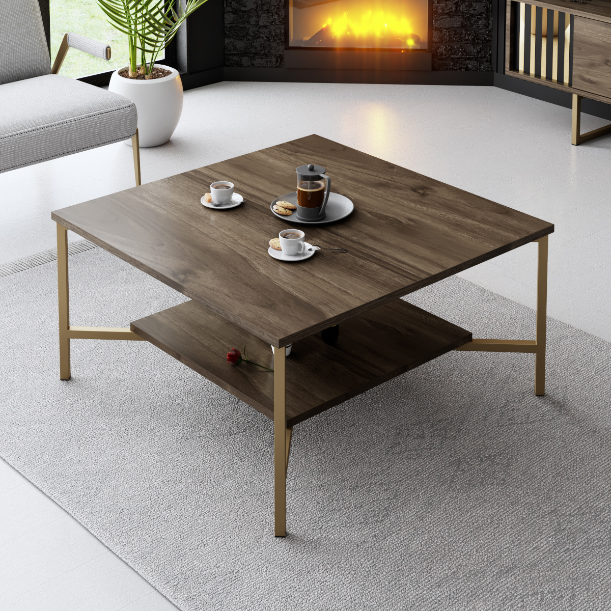 Line Coffee Table Walnut-Gold 80x80x40 cm