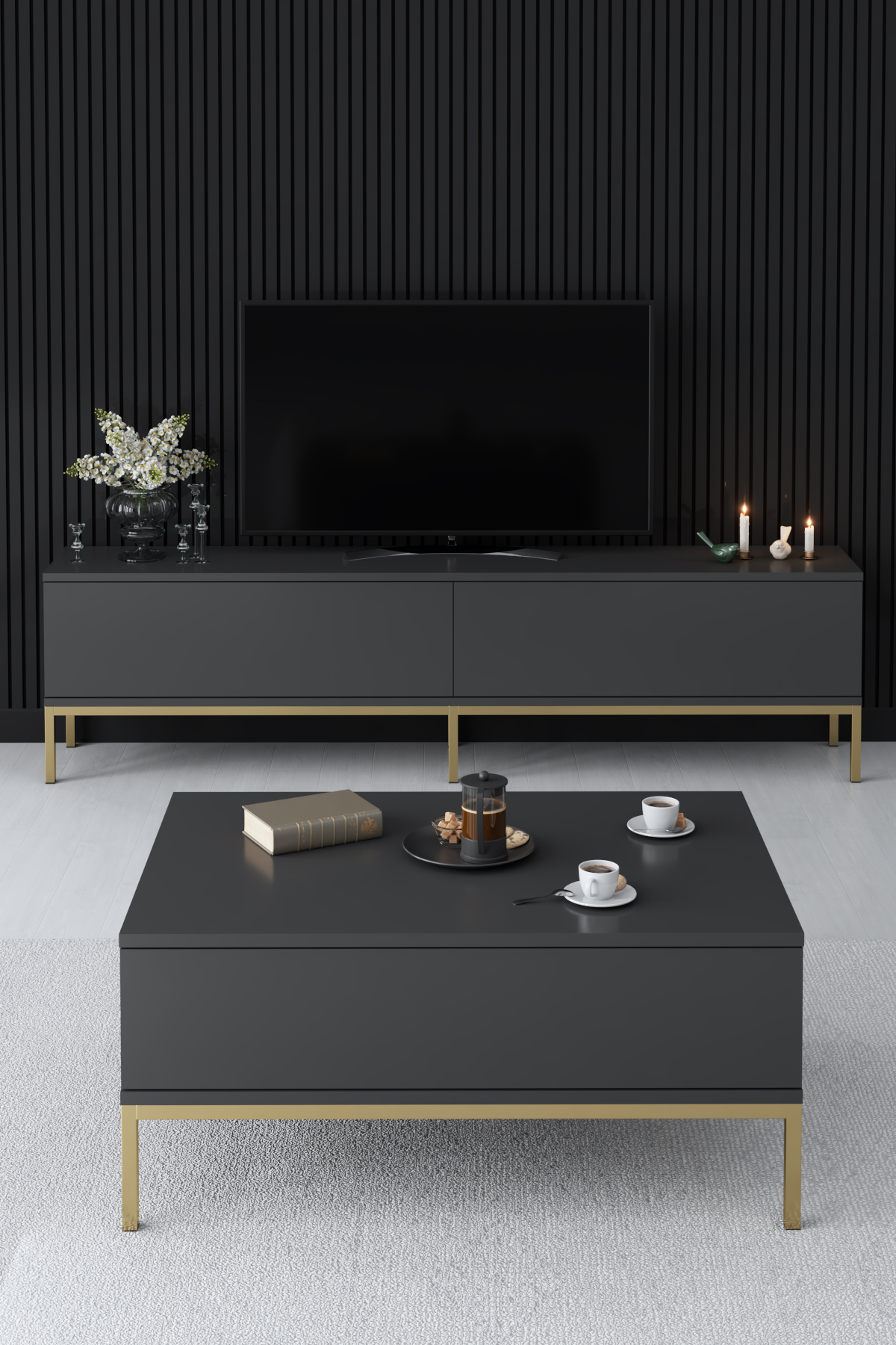 Lord Tv Stand Anthracite-Gold 180x30x47 cm