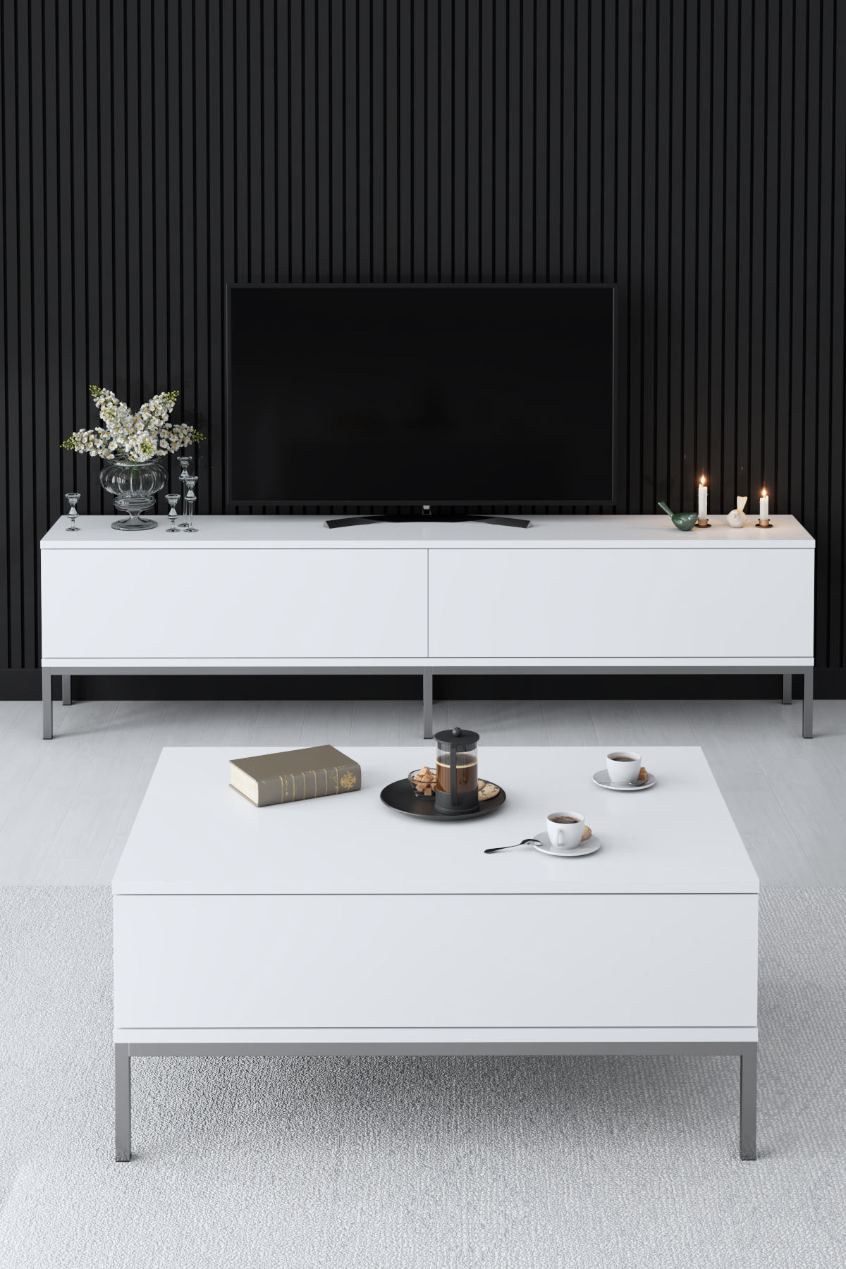 Lord Tv Stand White-Silver 180x30x47 cm