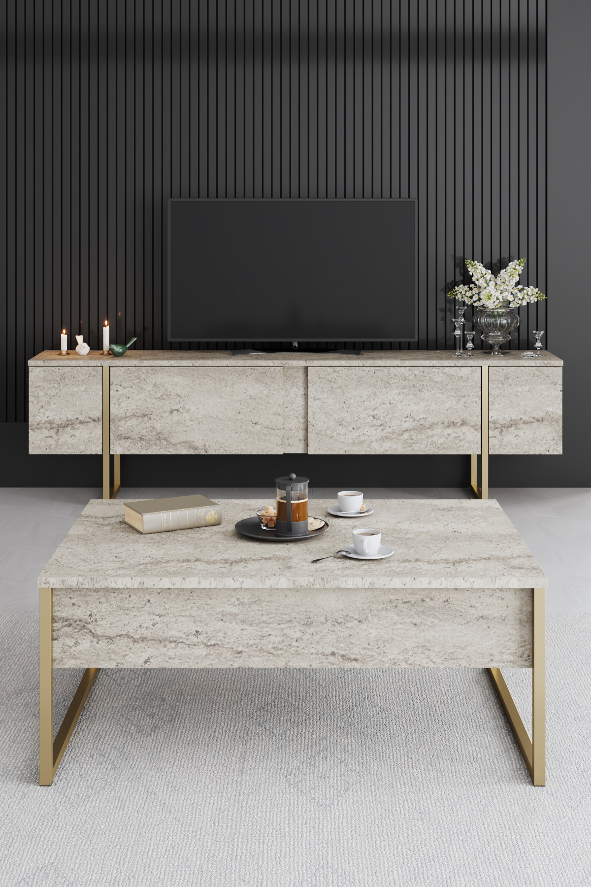 Luxe Tv Stand Marble-Gold 180x30x50 cm