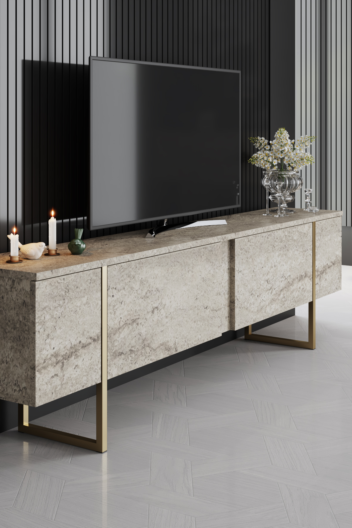 Luxe Tv Stand Marble-Gold 180x30x50 cm