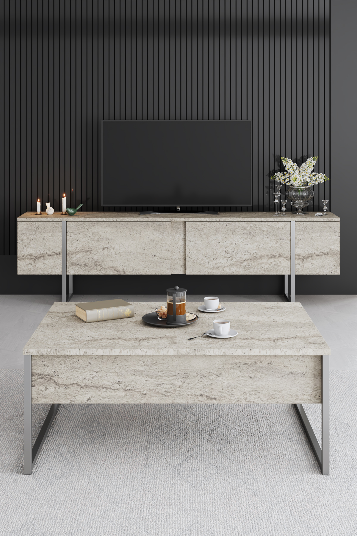 Luxe Tv Stand Marble-Silver 180x30x50 cm